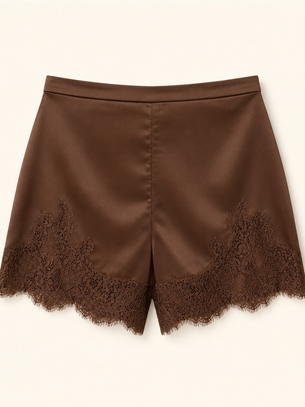 Brown Satin Lace Trim Shorts High Waist